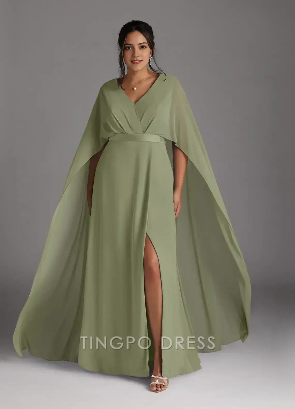 TingPo Wholesale Elegant Plus - Size V - Neck Chiffon Maxi Dress with Cape Sleeves Waist Belt and Side Slit for Formal Occasions